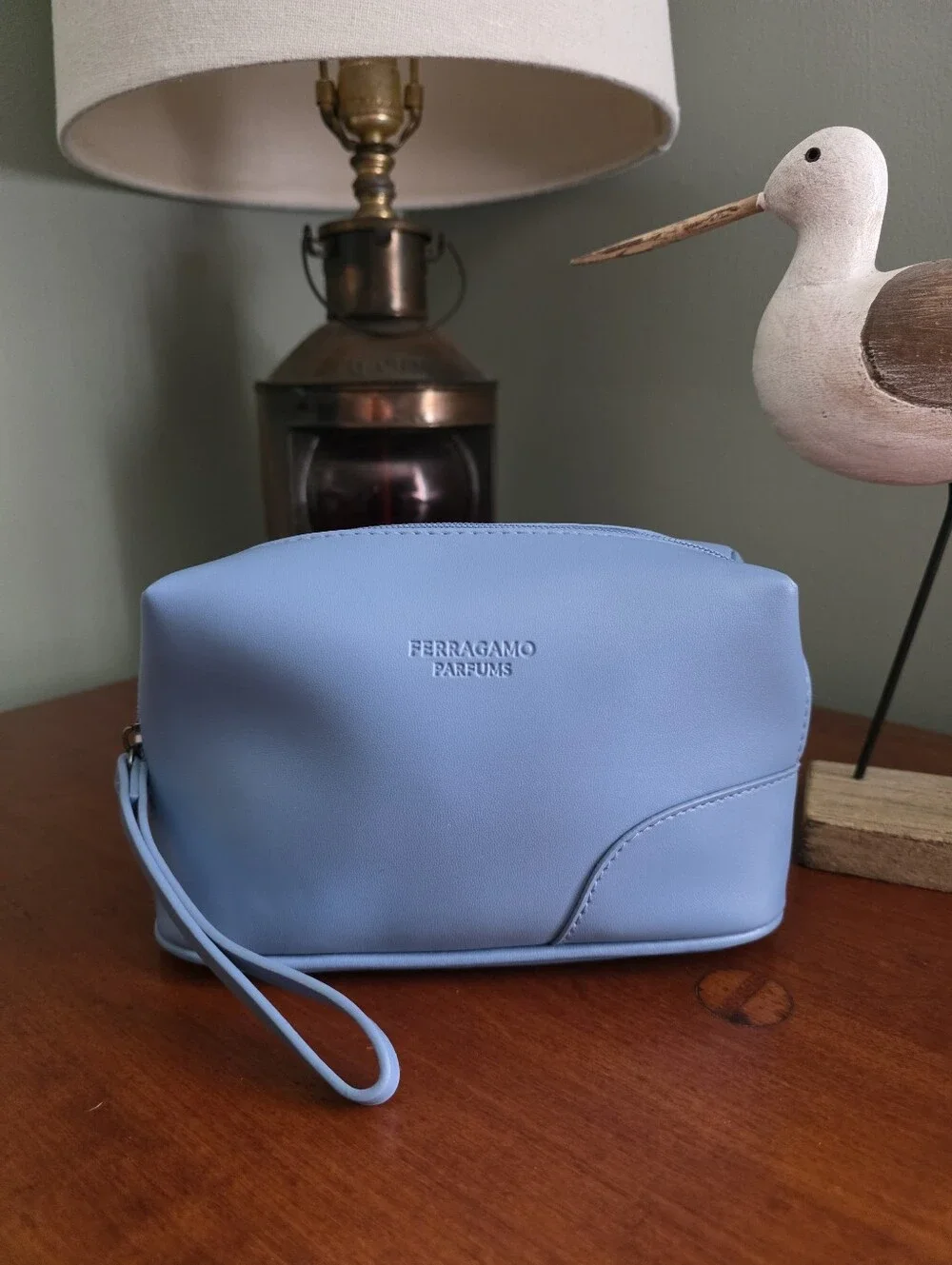 Ferragamo Parfums Travel Cosmetic Case Light Blue Faux Leather Makeup Bag